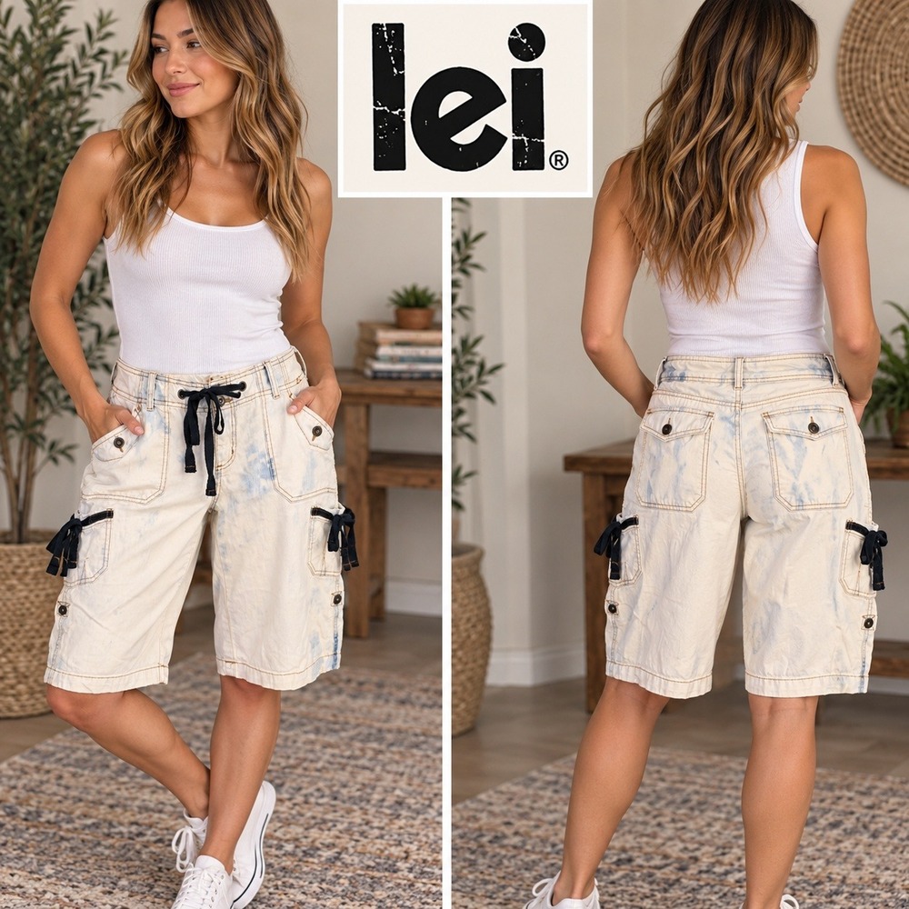 l.e.i. Sophia Hip Hugger Tie Dye Cargo Shorts White Blue Y2K Utility Size 14